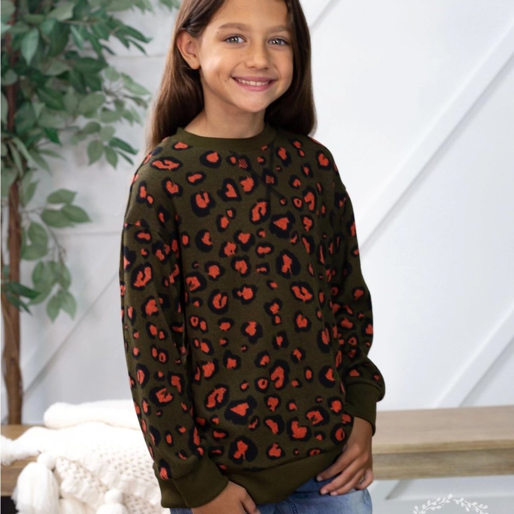 Girl's Leopard Print Long Sleeve Sweater- Green